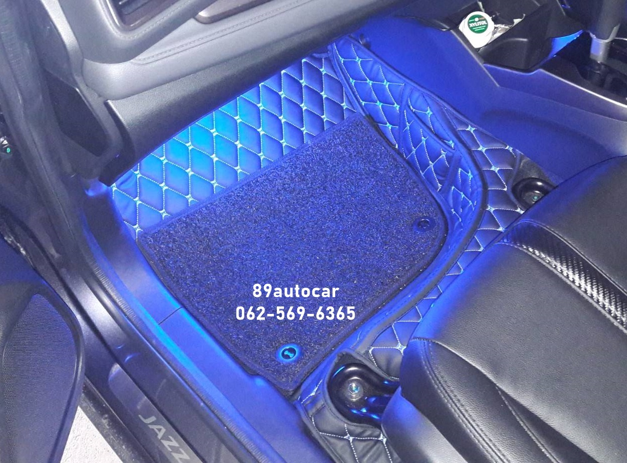 พรมดักฝุ่น Honda Jazz 2014-2021 ปูพรม7D สีดำด้ายฟ้า + พรมไวนิลสีดำ เข้ารูป