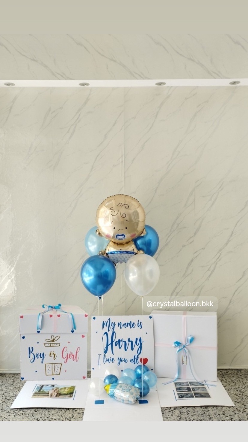 Gender Reveal Surprised Box กล่องเซอรไพรส์ทายเพศ พร้อมตกแต่ง ลูกโป่ง 4 ลูก ฟอยล์เด็กทารก 1 ชิ้น,สามารถใส่รูปได้ 2 รูป สามารถเปลี่ยนสีลูกโป่ง/เปลี่ยนสี-ฟอยล์ตกแต่ง/เปลี่ยนข้อความได้