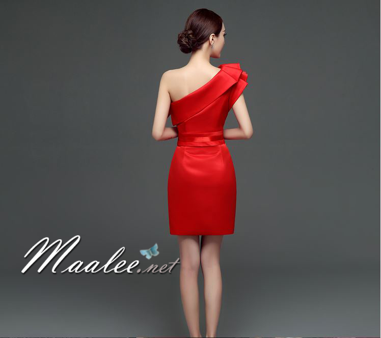 พร้อมเช่า ชุดราตรีสั้น ไหล่เดียว แต่งจีบระบายไหล่ขวา ผ้าซาตินเงา เรียบหรู (ซิปข้าง) สีฟ้า