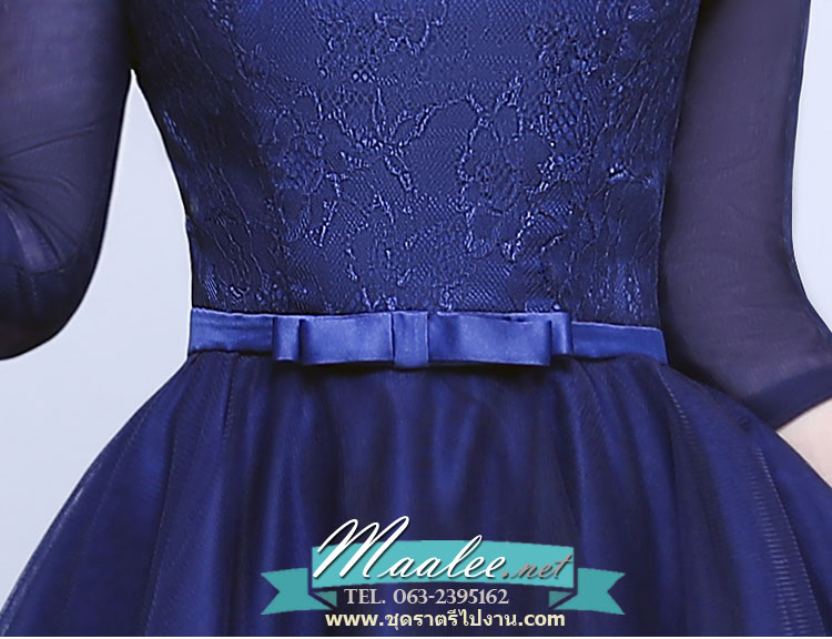 พร้อมเช่า ชุดราตรีแขนกุด หน้าสั้นหลังยาว สีกรมท่า แบบหน้าสั้น/หลังยาว สวยเก๋ กระโปรงตาข่าย (เชือกผูกหลัง)