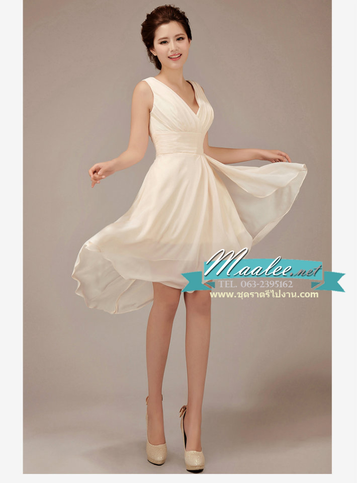 พร้อมส่ง ชุดราตรีสั้น ชุดเพื่อนเจ้าสาว สีครีม Ivory-001A