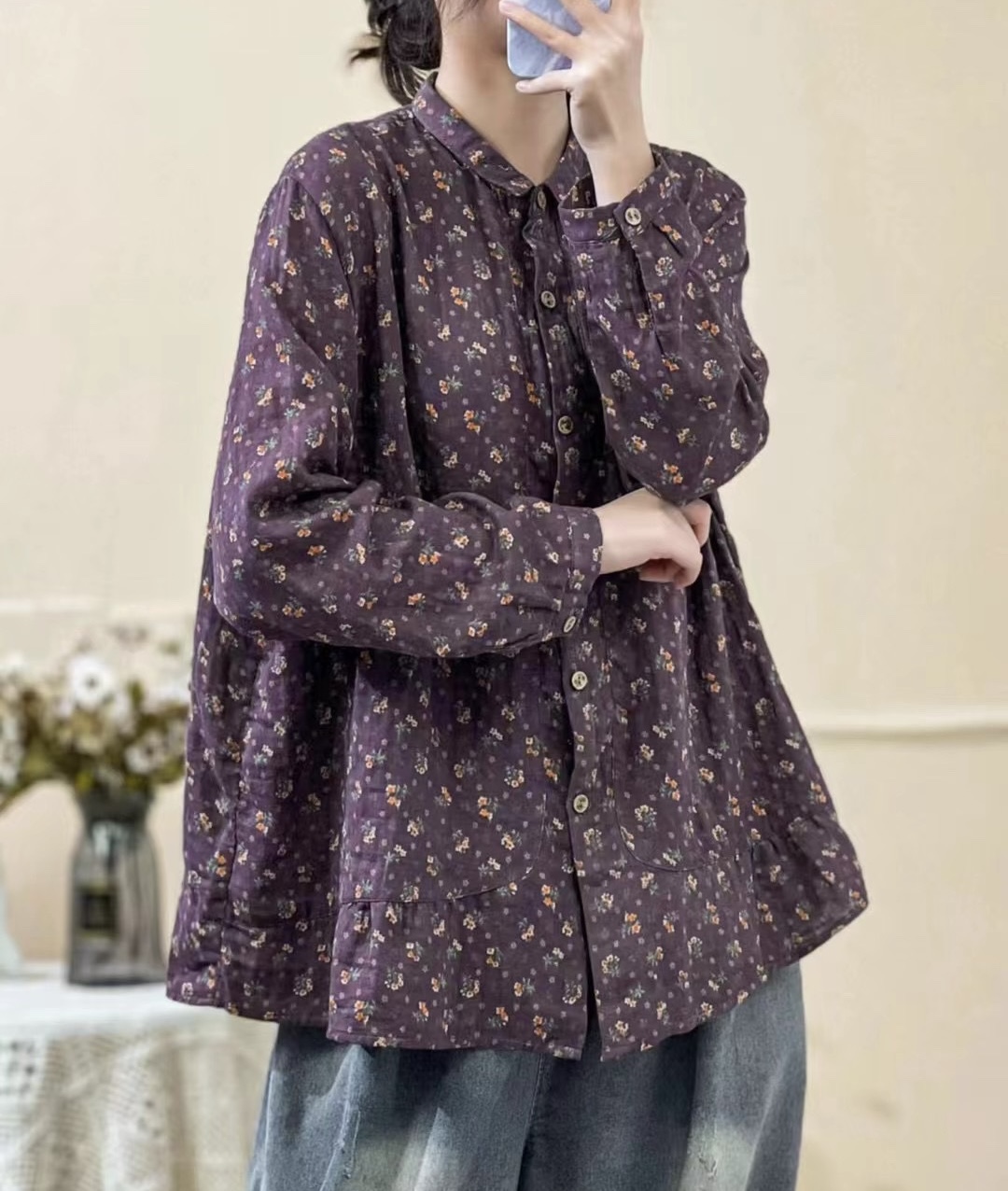 เสื้อเชิ้ตผ้าฝ้ายลายดอกไม้