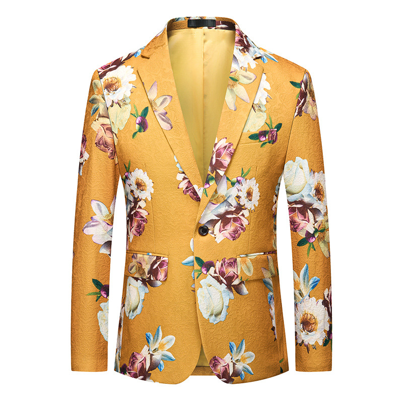 พร้อมเช่า เสื้อสูทชาย สีเหลือง ผ้าแจ๊กการ์ด ลายดอก Amber Yellow Floral Suit