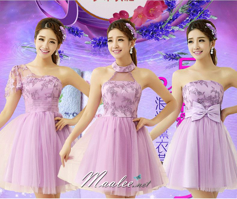 พร้อมเช่า ชุดราตรีสั้น ชุดเพื่อนเจ้าสาว ไหล่เดียว สีม่วง Purple Pp-001B