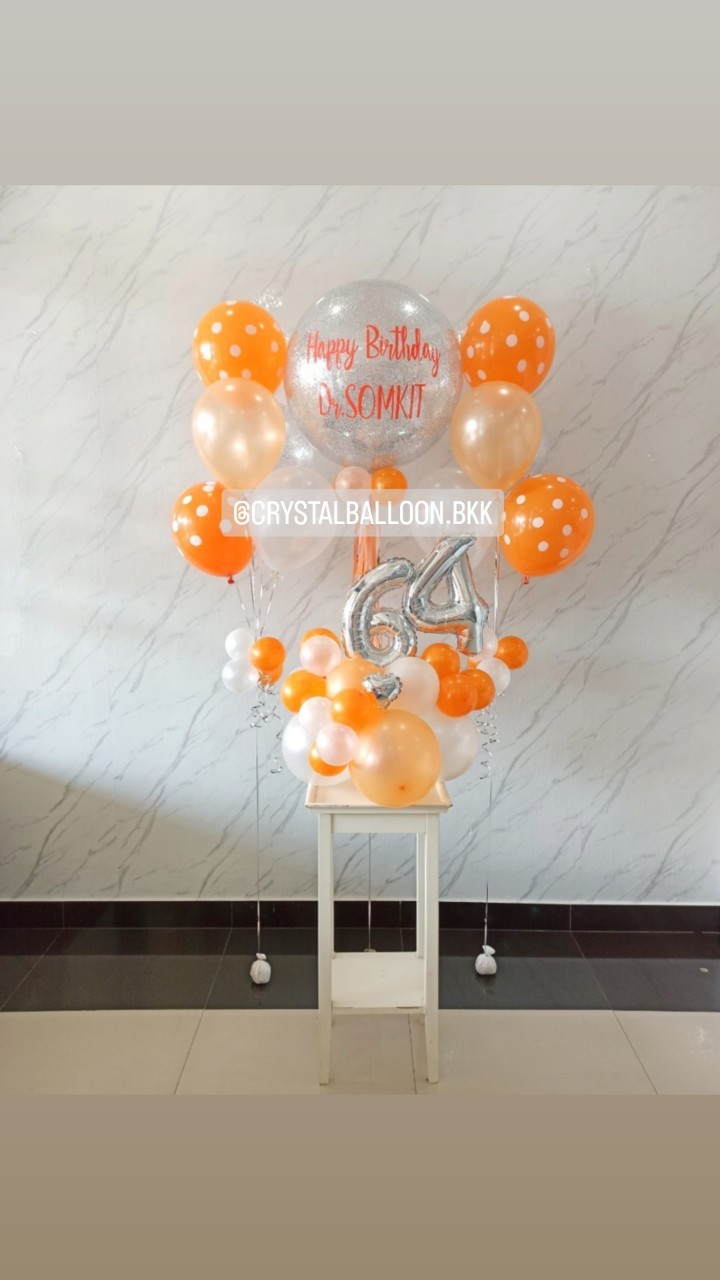 ลูกโป่ง วันเกิด Bubble ขนาด 24" กลิตเตอร์สีเงิน พร้อม ช่อลูกโป่ง ช่อ 5 ลูก 2 ช่อ พร้อม ฟอยล์ตัวเลข ขนาด 16" ตั้งฐาน 2 ชิ้น พร้อมตกแต่ง สามารถเปลี่ยนสีลูกโป่ง/เปลี่ยนข้อความ/เปลี่ยนขนาด/เปลี่ยนสี-ฟอยล์ตัวเลขได้