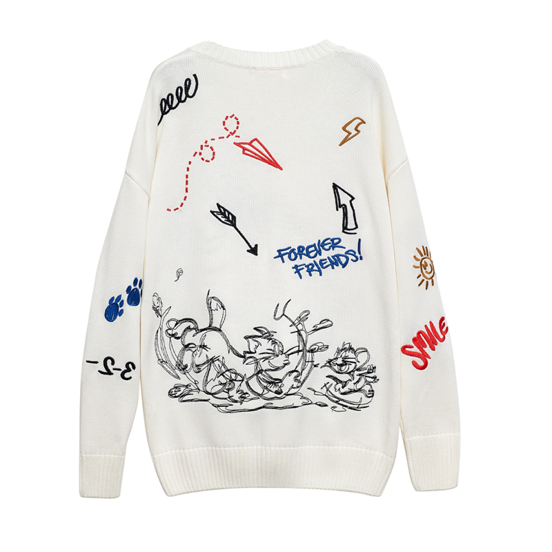 เสื้อคาร์ดิแกนไหมพรมสีขาว Tom&Jerry แบบ เซียวจ้าน
