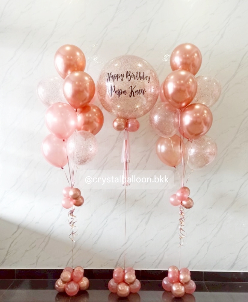 ลูกโป่ง วันเกิด , ลูกโป่ง Bubble 24" 1 ลูกกลิตเตอร์สีโรสโกลด์ ,ลูกโป่งช่อ 9 ลูก 2 ช่อ , พร้อมตกเเต่ง สามารถเปลี่ยนสีลูกโป่ง/ข้อความสามารถเปลี่ยนได้