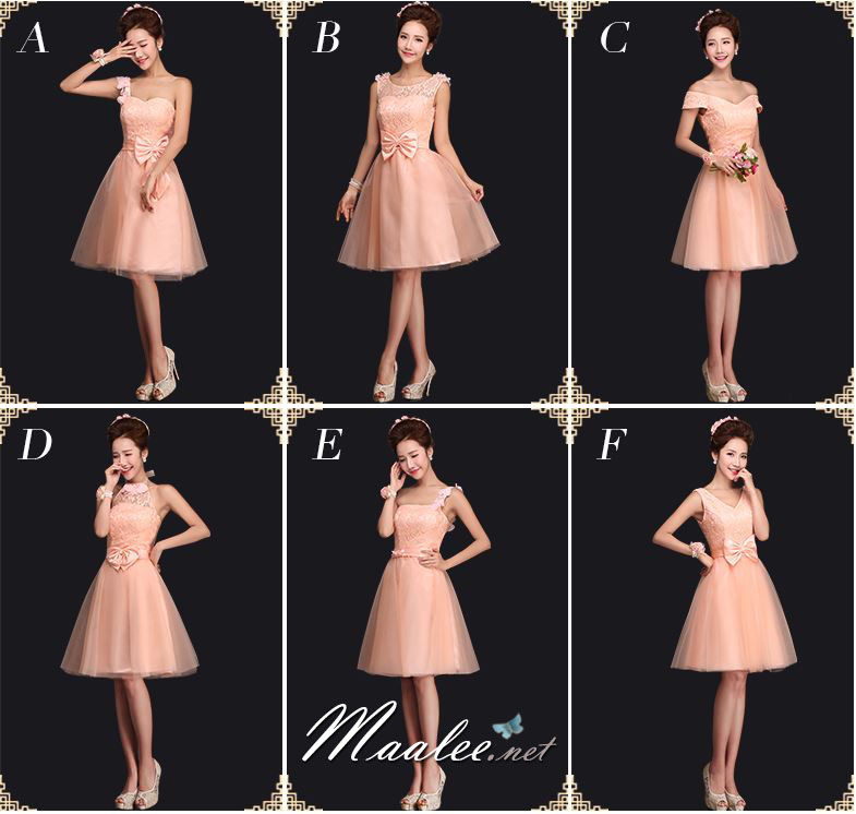 พร้อมส่ง ชุดราตรีสั้น ชุดเพื่อนเจ้าสาว PE-619 สีโอโรส แบบ C ไหล่ปาด ช่วงอกแต่งลูกไม้ เอวแต่งกลีบดอกไม้สวย (เชือกผูกหลัง)