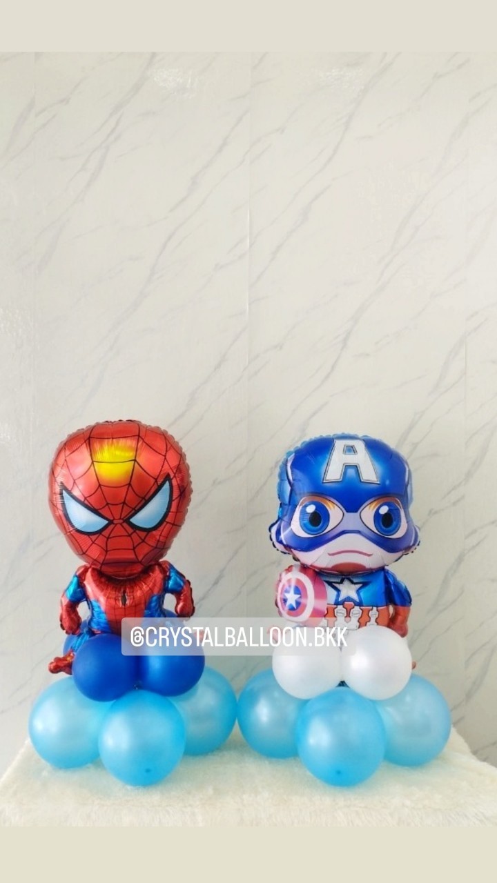 ลูกโป่งฟอยล์ตกแต่ง วันเกิดเด็ก ฟอยล์Spider Man ตั้งฐาน 1 ชิ้น พร้อม ฟอยล์ Captain America ตั้งฐาน 1 ชิ้น พร้อมตกแต่ง สามารถเปลี่ยนสีลูกโป่ง/เปลี่ยนฟอยล์ตกแต่งได้