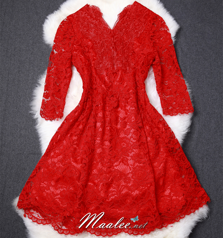 พร้อมส่ง ชุดราตรีสั้น/แขนยาว คอวี เนื้อผ้าลูกไม้ & Cotton แต่งซิปข้าง สีแดง (เหลือเฉพาะไซส์ 3XL)