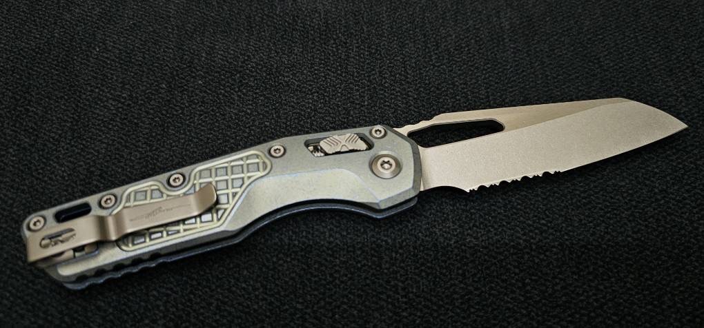 Microtech Marfione Select MSI RAM LOK Ice Blue Titanium Frag Handles w/ Double Vapor Blast & Blue Accents & Part Serrated Stonewash M390MK