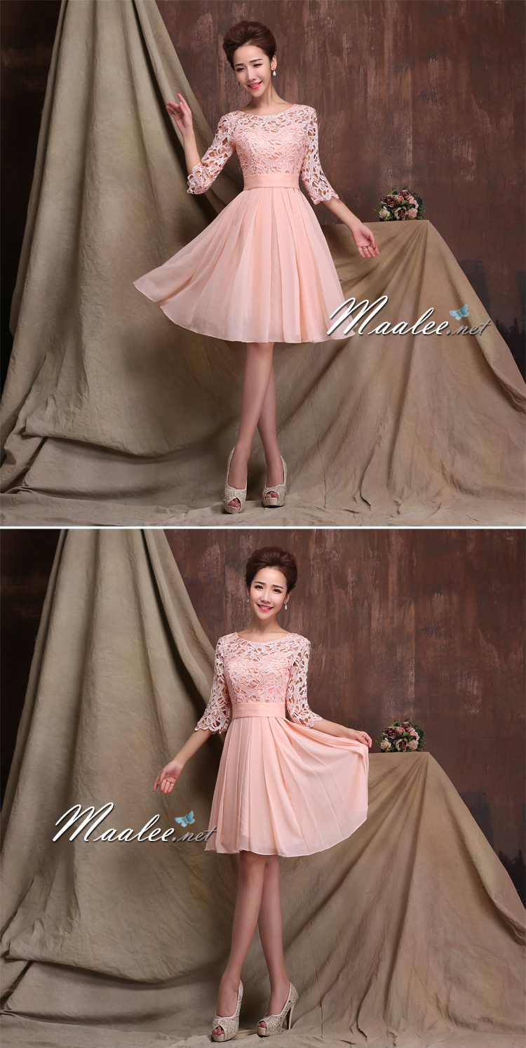 พร้อมเช่า ชุดราตรีสั้น สีชมพู แขนสามส่วน ลูกไม้ฉลุ กระโปรงผ้าชีฟอง