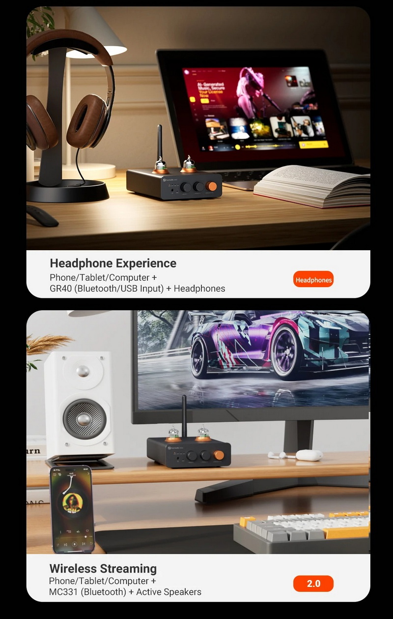 Fosi Audio GR40 Bluetooth DAC/AMP หลอดแก้วตั้งโต๊ะ ปรับเบส แหลมได้ ประกันศูนย์ไทย