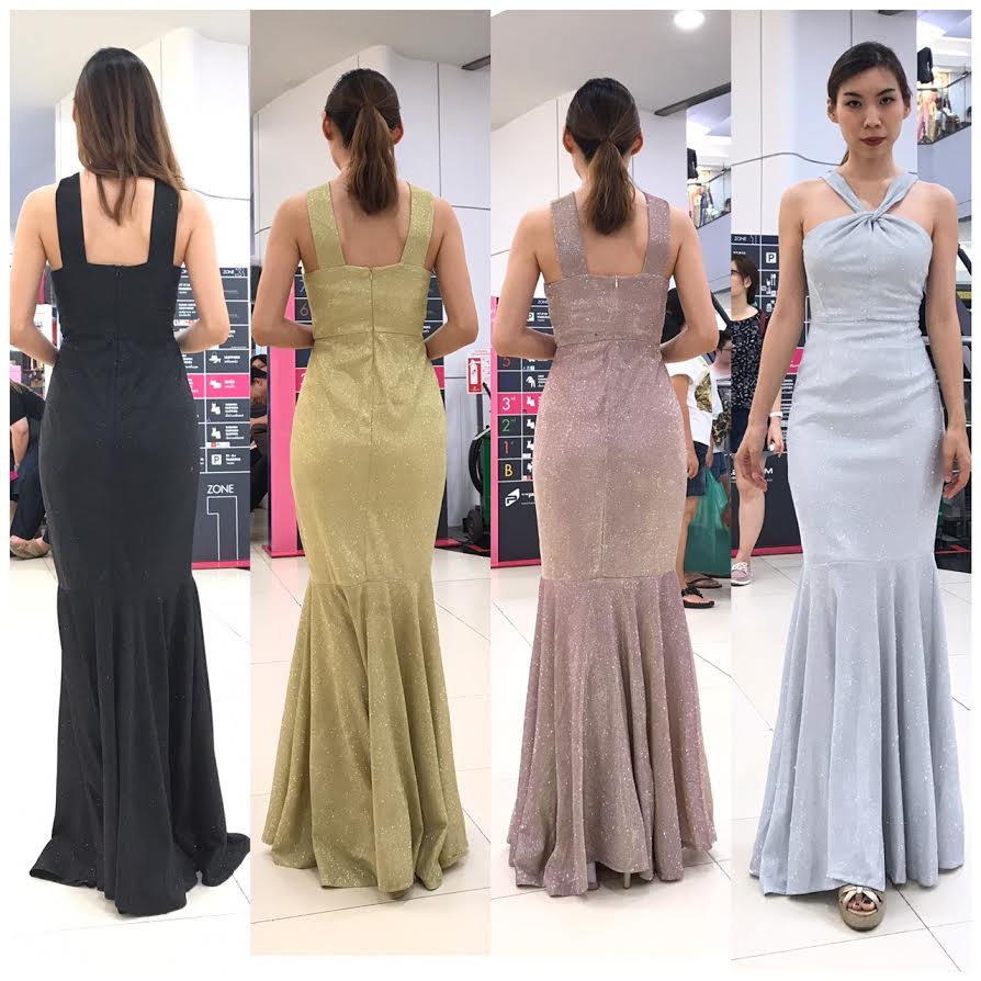 พร้อมเช่า ชุดเดรส คล้องคอ ทรงหางปลา ผ้า glitter ระยิบระยับ สีเงิน