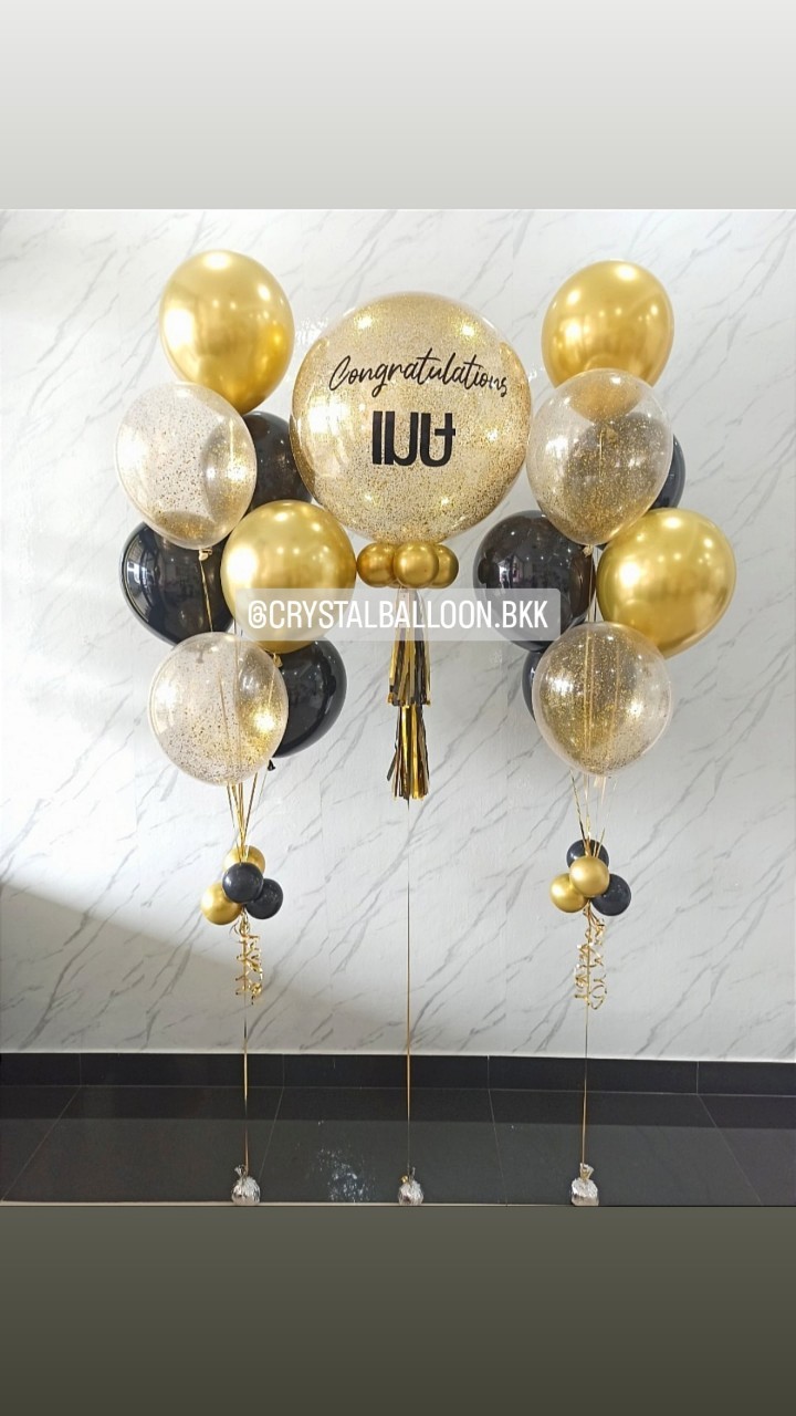 ลูกโป่ง รับปริญญา Bubble ขนาด 24" กลิตเตอร์สีทอง พร้อม ช่อลูกโป่งโครเมี่ยม ช่อ 7 ลูก 2 ช่อ,ลูกโป่งใส ใส่กลิตเตอร์ พร้อมตกเเต่ง สามารถเปลี่ยนสีลูกโป่ง/เปลี่ยนข้อความ/เปลี่ยนขนาดได้