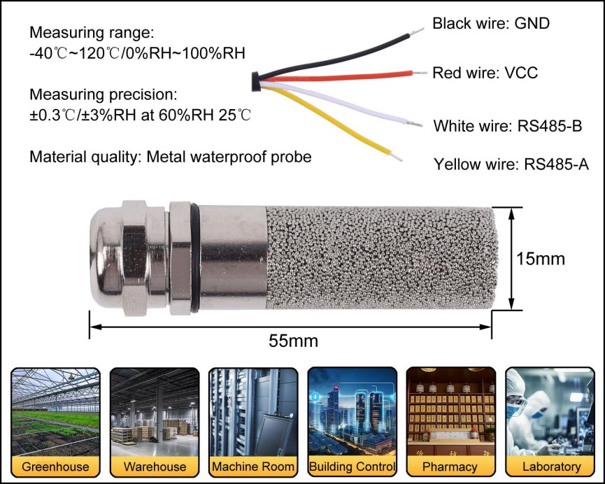 XY-MD04 เซ็นเซอร์วัดอุณหภูมิและความชื้นหัวกันน้ำ Modbus RTU RS485