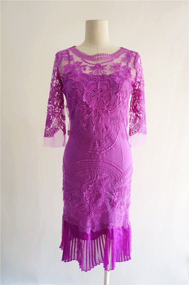 พร้อมส่ง ชุดราตรีสั้น/แขนยาว สี ม่วง ลูกไม้ทั้งชุด กระโปรงอัดพลีท (เหลือเฉพาะไซส์ 2XL)