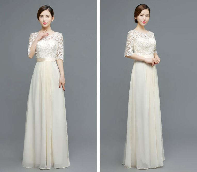 พร้อมส่ง ชุดราตรียาว สีครีม แขนสามส่วน ลูกไม้ฉลุ กระโปรงผ้าชีฟอง