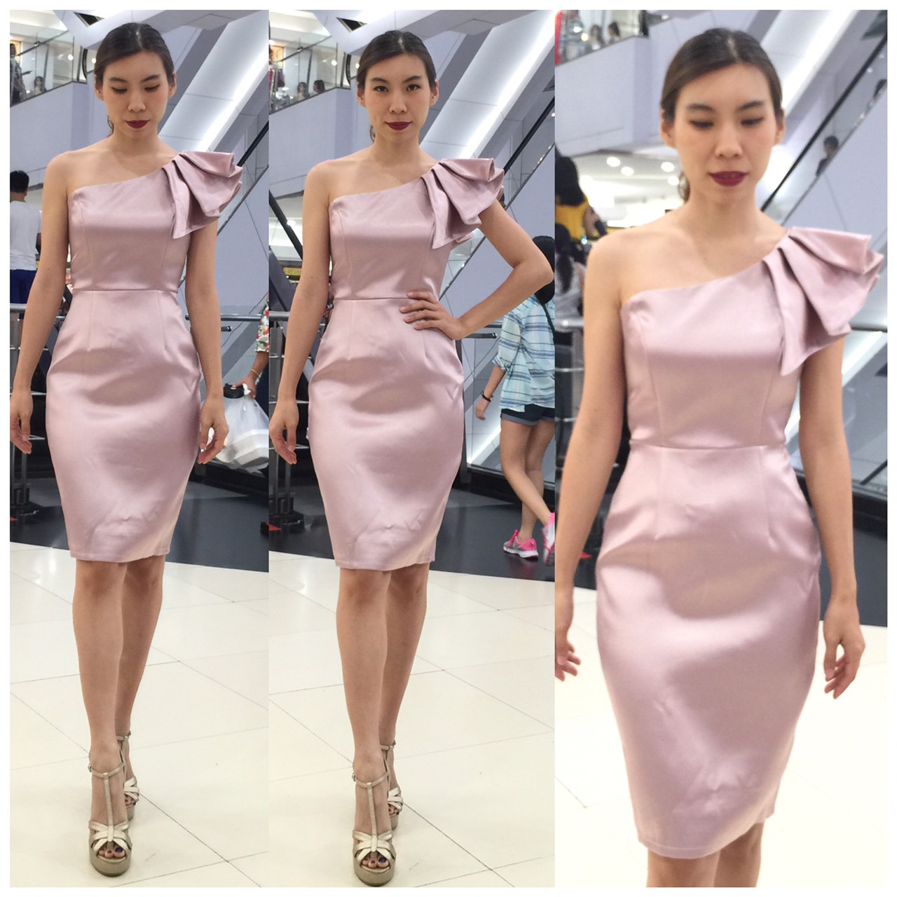 พร้อมเช่า ราตรีสั้น เดรสไหล่เดียว ผ้าดัชเชส ทรงเข้ารูป แต่งระบาย สีชมพู