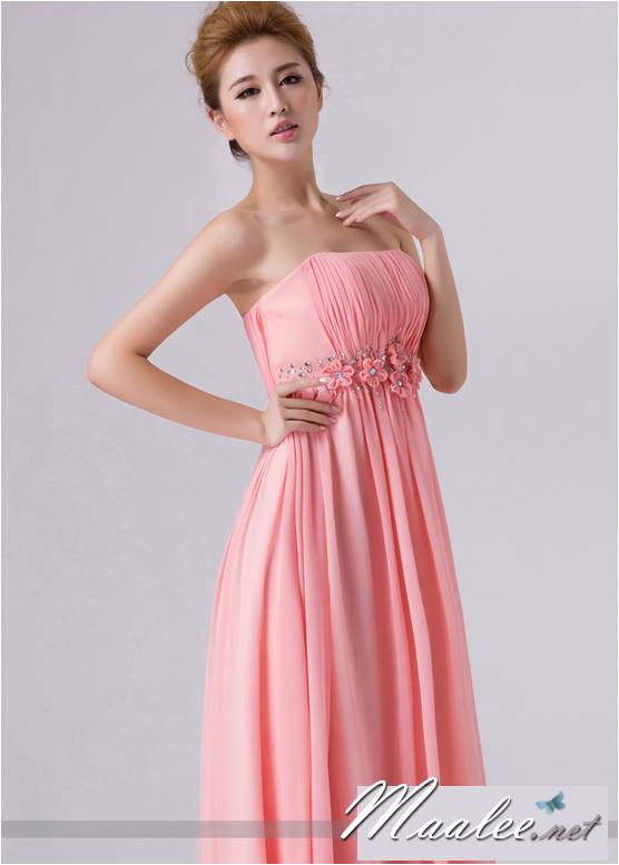 พร้อมส่ง ชุดราตรียาว เกาะอก สีโอรส แต่งดอกเก๋ๆ