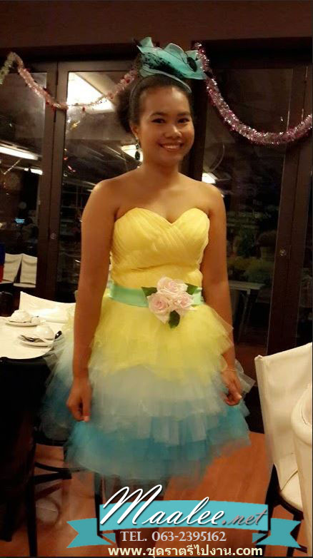 พร้อมเช่า ชุดแฟนซี เช่า 500 ชุดราตรีสั้น เกาะอก สีเหลือง อกจับจีบตีเกล็ด กระโปรงตาข่าย น่ารักมาก