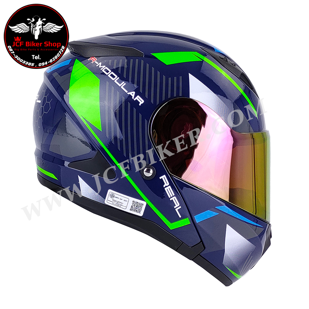 หมวกกันน๊อคเต็มใบเปิดคางได้ หมวกกันน๊อคเต็มใบ หมวกันน๊อค Real Storm R-Modular น้ำเงิน-เขียว
