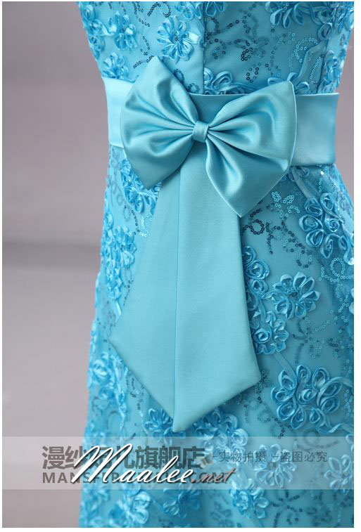 พร้อมส่ง ชุดราตรียาว เกาะอก สีฟ้า ลูกไม้ริบบิ้นปักเลื่อม ทรงหางปลาพร้อมโบว์คาดเอว