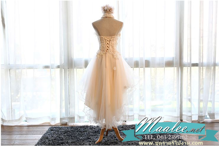 พร้อมเช่า ชุดราตรีสั้น เกาะอก ลูกไม้ หน้าสั้น/หลังยาว สีครีม พร้อมสร้อยคอลายลูกไม้ ถอดแยกได้ กระโปรงผ้ามุ้งพอง สวยหรู (เชือกผูกหลัง)