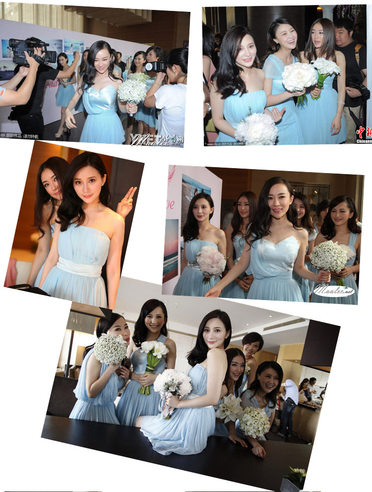 พร้อมเช่า ชุดเพื่อนเจ้าสาว ผ้าชีฟอง สีฟ้า ชุดเข้ารูปเน้น อกเเอว สะโพก แบบแขนกุกช่วยพรางต้นแขนได้