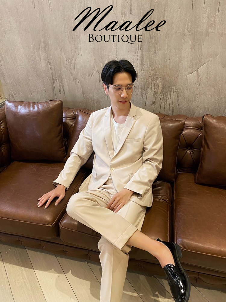 พร้อมเช่า ชุดสูทชาย สูทเพื่อนเจ้าบ่าว สีครีม เบจ Beige Brown (ไม่มีกั๊ก)