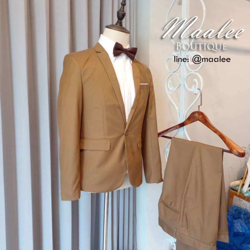 พร้อมเช่า ชุดสูทชาย น้ำตาลทอง สูทเพื่อนเจ้าบ่าว รุ่นกระดุมเดียว (ไม่มีเสื้อกั๊ก)