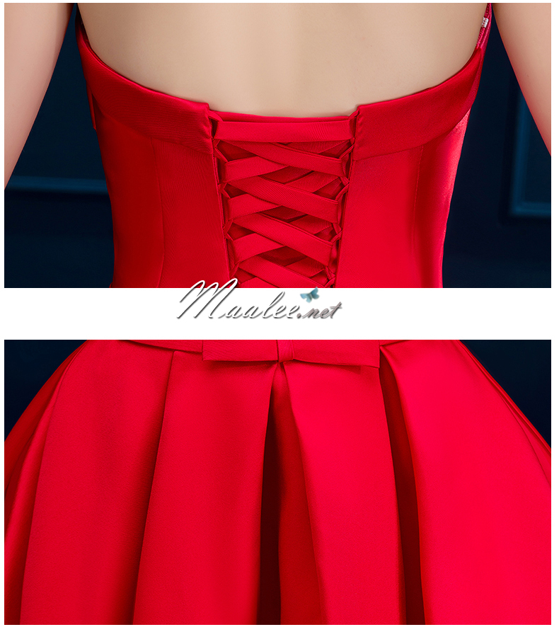 พร้อมส่ง ชุดราตรีสั้น เกาะอกแบบ Sweet Heart สไตล์วินเทจผ้าไหมดัชเชส กระโปรงทรงA แต่งโบว์ช่วงเอว สีแดง (เชือกผูกหลัง)