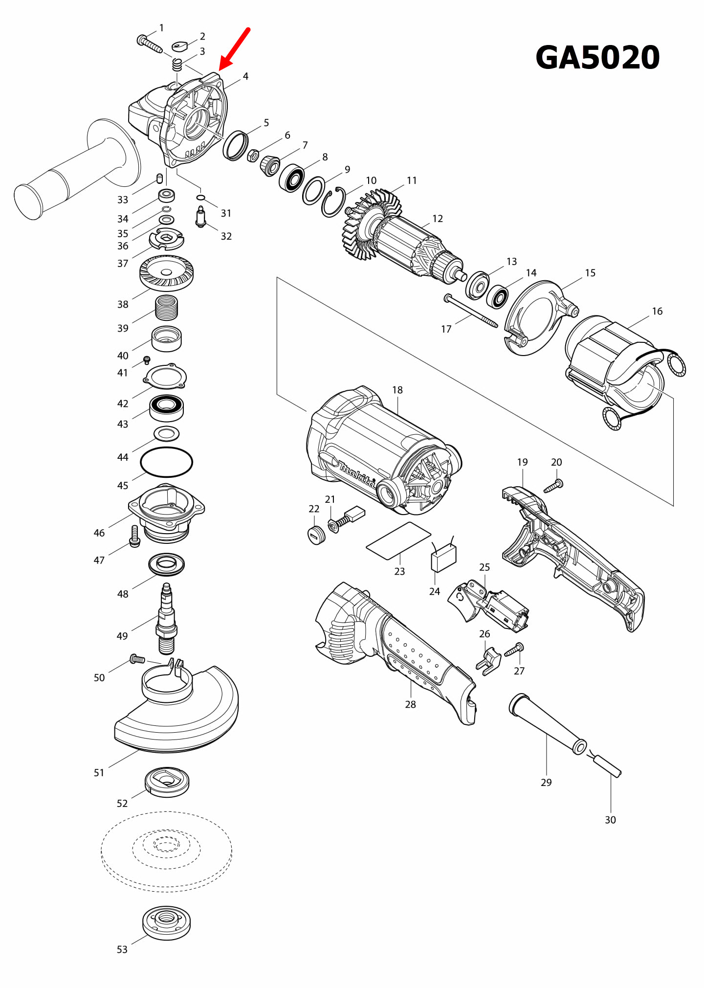 หัวกระโหลก หินเจียร 5 นิ้ว Makita GA5010, GA5020, GA6020 [#4] Pn.318158-4 (แท้) ##(*)