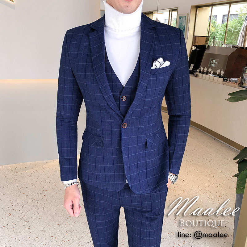 พร้อมเช่า ชุดสูทชาย สีน้ำเงิน ลายตาราง ทรงเข้ารูป สไตล์เกาหลี พร้อมเสื้อกั๊ก