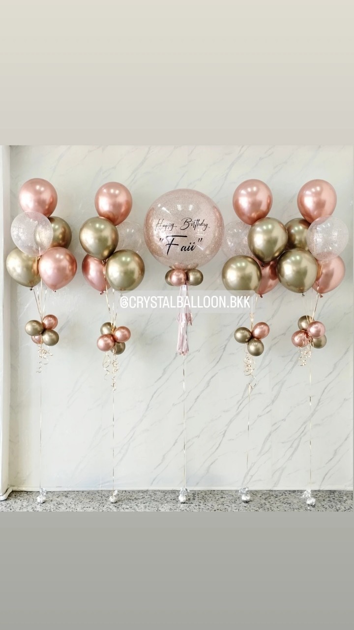 ลูกโป่ง วันเกิด Bubble ขนาด 24" กลิตเตอร์สีโรสโกล 1 ลูก พร้อม ช่อลูกโป่งสีโครเมี่ยม ช่อ 5 ลูก 4 ช่อ พร้อมตกแต่ง สามารถเปลี่ยนสีลูกโป่ง/เปลี่ยนข้อความ/เปลี่ยนขนาดได้