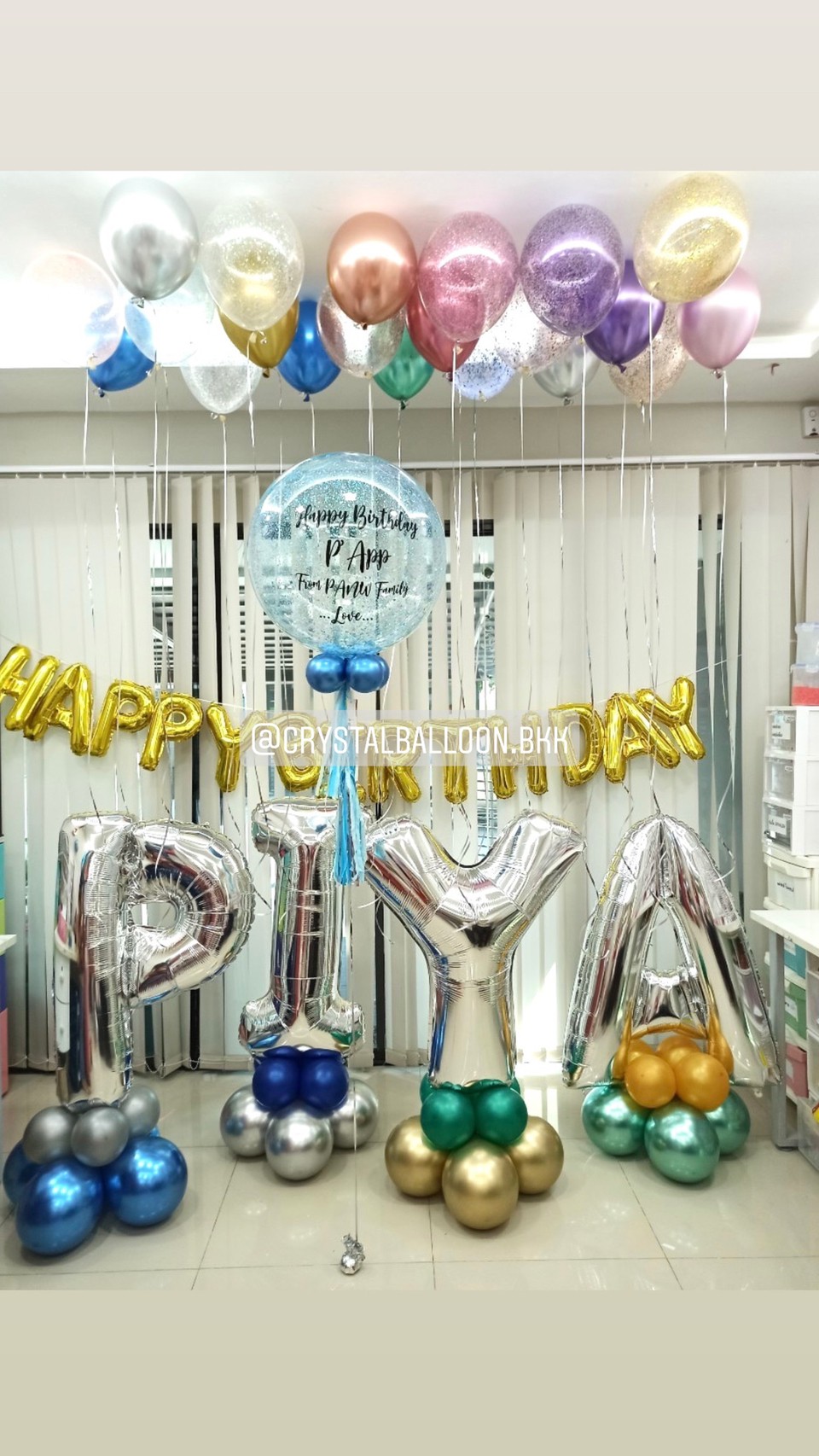 ลูกโป่ง วันเกิด Bubble ขนาด 24" พร้อม ลูกโป่งลอยฝ้า 20 ลูก,ฟอยล์ตัวอักษร Happy Birthday พร้อม ฟอยล์ตัวอักษร 40" ตั้งฐาน 4 ตัวอักษร พร้อมตกเเต่ง สามารถเปลี่ยนสีลูกโป่ง/เปลี่ยนข้อความ/เปลี่ยนขนาด/เปลี่ยนสี-ฟอยล์ตัวอักษรได้
