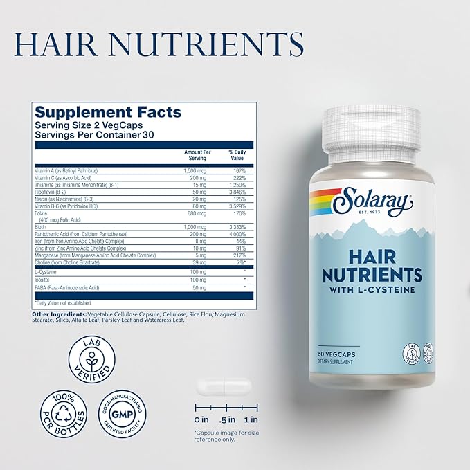 ใหม่ล่าสุด อาหารผม 14+ ชนิดในแคปซูลเดียว Solaray, Hair Nutrients With L-Cysteine