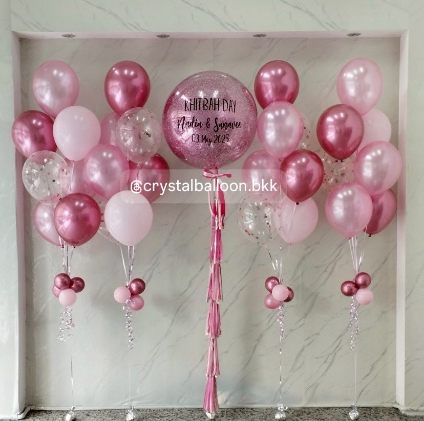 ลูกโป่งวันเกิด Bubble ขนาด 36" กลิตเตอร์สีชมพู พร้อมลูกโป่งช่อ 7 ลูก 4 ช่อ พร้อมตกแต่ง สามารถเปลี่ยนสีลูกโป่ง/้เปลี่ยนข้อความ/เปลี่ยนขนาดลูกโป่งได้