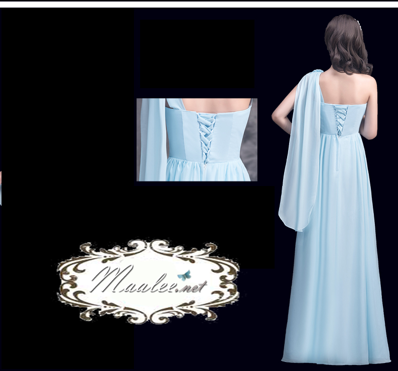 พร้อมเช่า ชุดราตรียาว สีฟ้า ชุดเพื่อนเจ้าสาว Blue-003D ไหล่เดียวผ้าชีฟอง อกจับจีบ เพิ่มดอกตรงไหล่ ทิ้งชายด้านหลัง