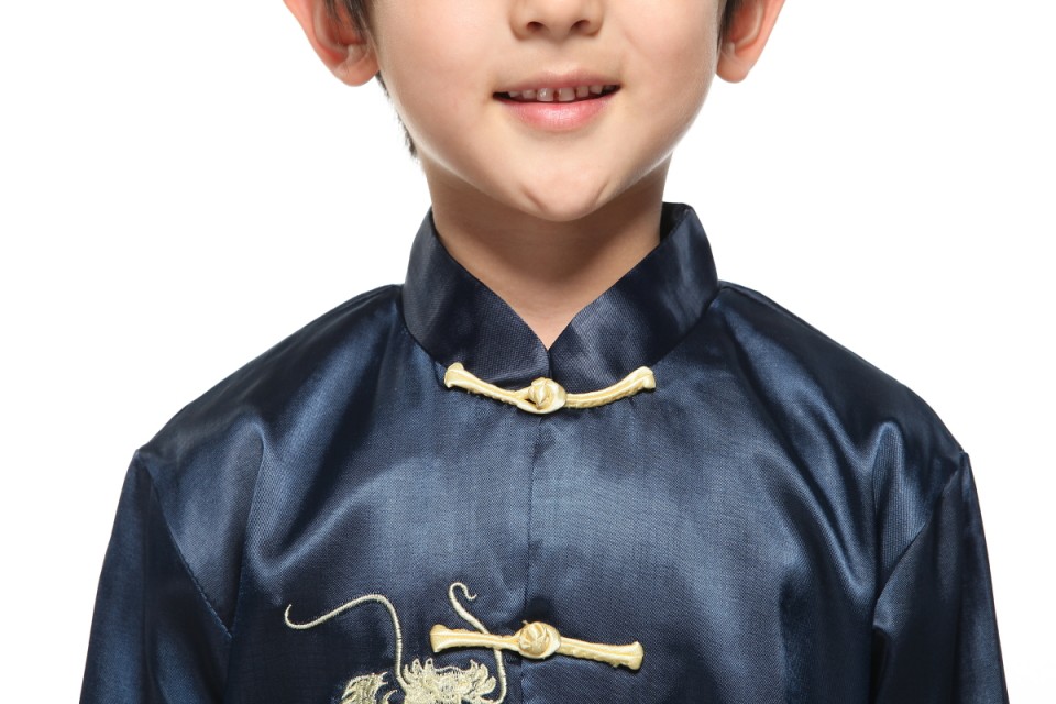 พร้อมเช่า ชุดจีนชายเด็ก เสื้อคอจีน ผ้าไหมจีน สีกรม ปักลายมังกร (เฉพาะ 1 ขวบ)