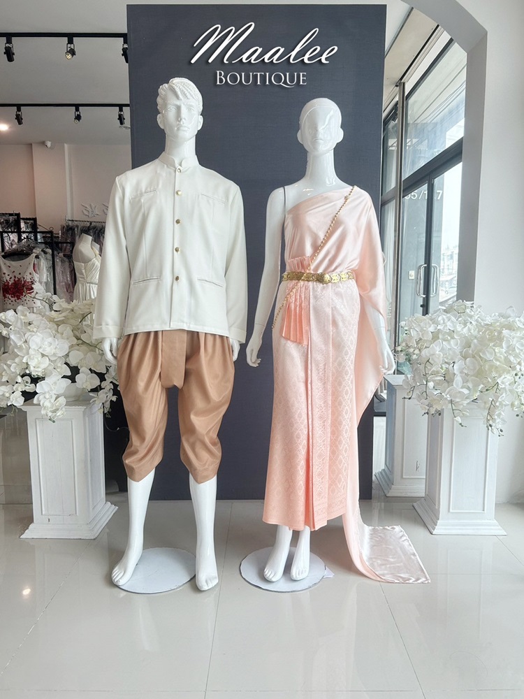 เช่า ชุดไทย ชุดเพื่อนเจ้าสาว ชุดไทยผ้าถุงโอรสไล่สี สไบเรียบสีโอโรส