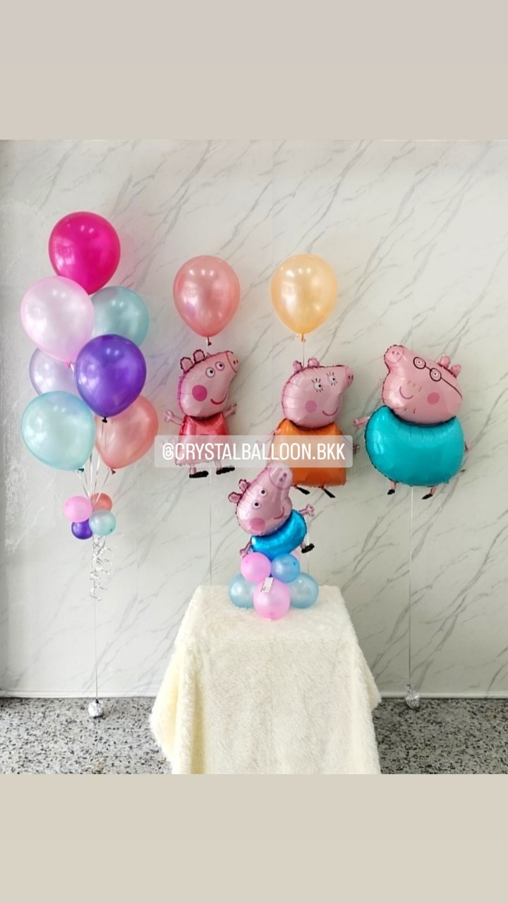 ลูกโป่ง วันเกิดเด็ก ช่อลูกโป่ง ช่อ 7 ลูก 1 ช่อ พร้อม ฟอยล์ Peppa Pig Familys พร้อมตกแต่ง สามารถเปลี่ยนสีลูกโป่ง/เปลี่ยนฟอยล์ตกแต่งได้