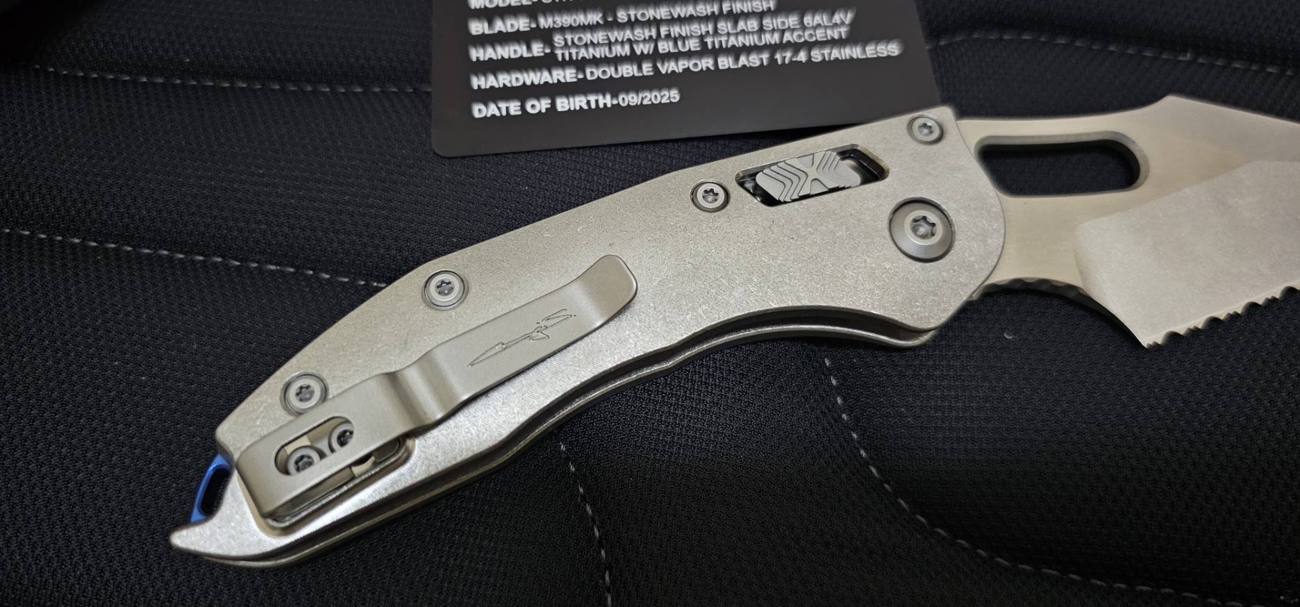 Microtech Stitch Ram-Lok S/E - Stonewashed Titanium - Stonewashed Blade - Blue Accents - Marfione Select