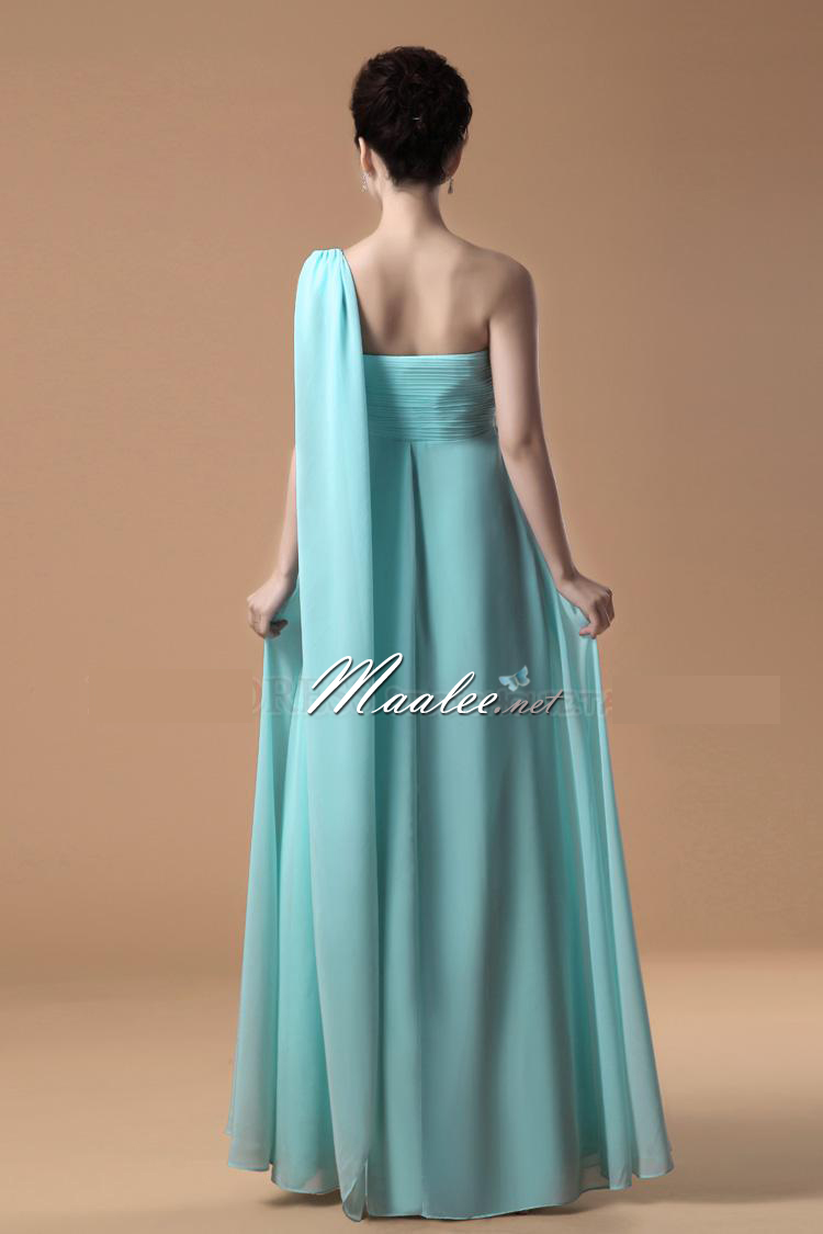 พร้อมเช่า ชุดราตรียาว เกาะอก ไหล่เดียว อกอัดพลีท ทิ้งชายด้านหลัง สีฟ้า