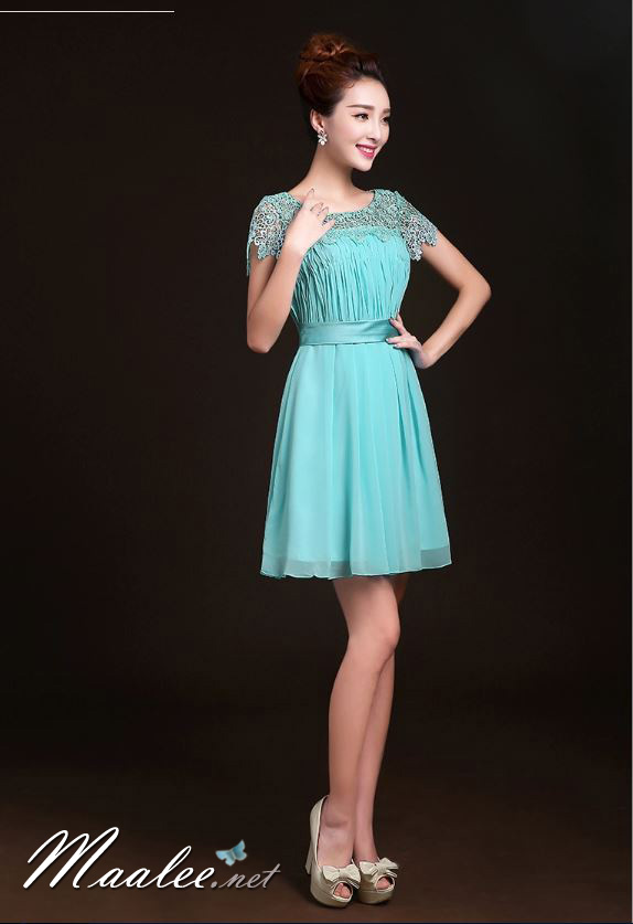 พร้อมเช่า ชุดราตรีสั้น ลูกไม้ กระโปรงผ้าชีฟอง อกจับจีบ เรียบหรู สีฟ้า (ซิปหลัง)