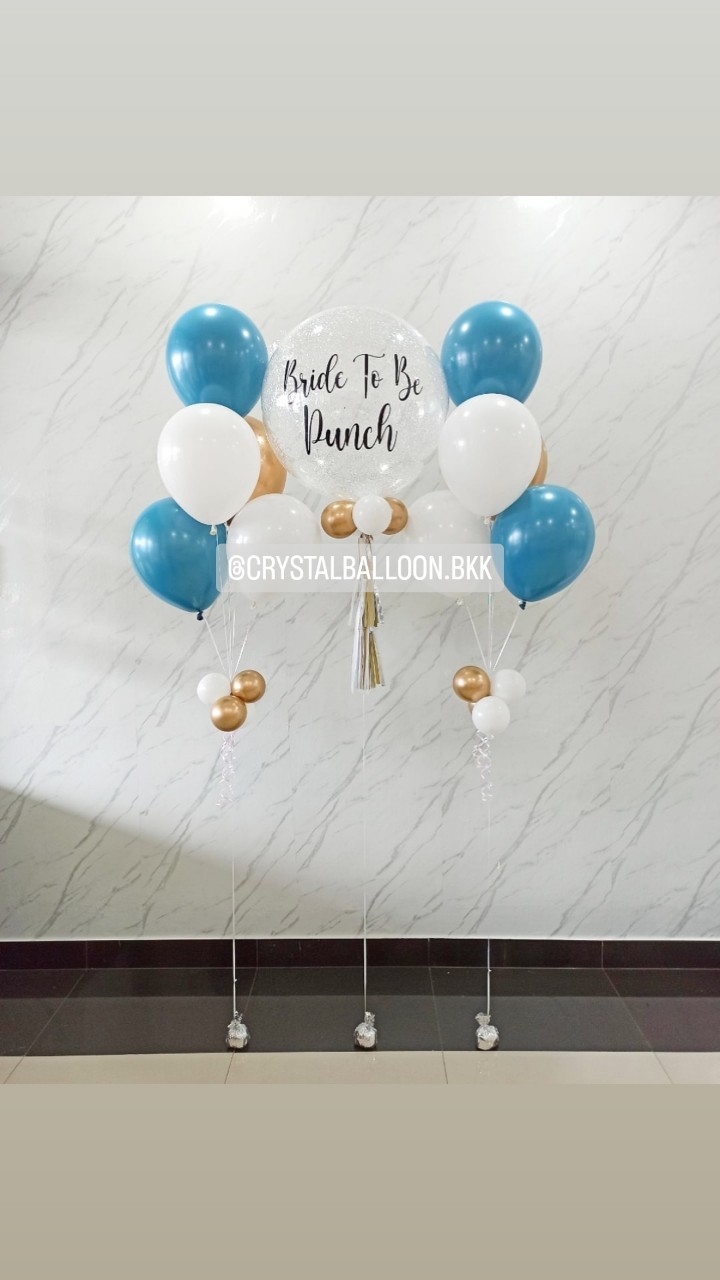 ลูกโป่ง Bride To Be Bubble ขนาด 24" กลิตเตอร์สีขาว พร้อม ช่อลูกโป่ง ช่อ 5 ลูก 2 ช่อ พร้อมตกแต่ง สามารถเปลี่ยนสีลูกโป่ง/เปลี่ยนข้อความ/เปลี่ยนขนาดได้