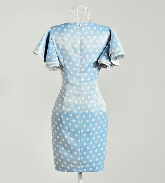 พร้อมส่ง ชุดเดรสสั้น แซก ลายจุด Polka dot สีฟ้า-ขาว แขนย้วย ผ้ามันนิดๆ