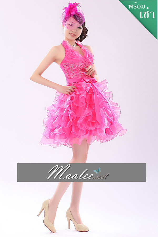 พร้อมเช่า ชุดแฟนซี เช่า 500 ชุดราตรีสั้น สีชมพู Hot Pink คล้องคอ กระโปรงระบาย ทรงฟูสวย