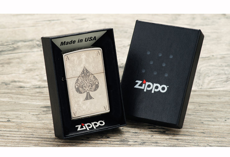 ไฟแช็ค Zippo แท้ โพธิ์ดำแกะสลัก " Zippo 28323 Ace of Spades Filigree Black Ice Finish" แท้นำเข้า 100%