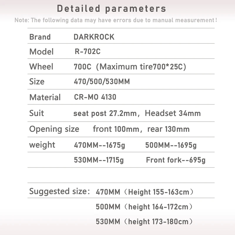 DARKROCK 702 Road Bike Frame with Fork, Cr-Mo Steel 4130 bicycle frame 700C steel frame